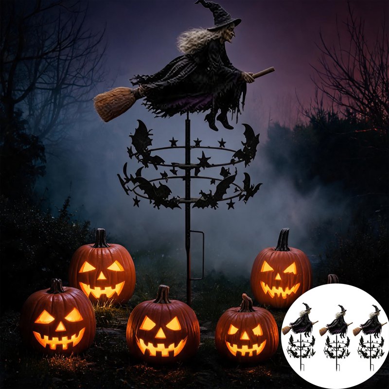 Enchanted Witch Garden Wind Spinner Set - Halloween Metal Yard Decor, 3 Pieces