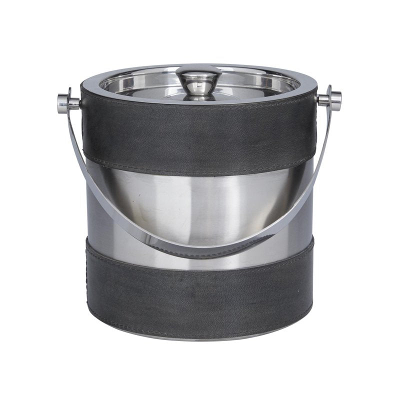Round Handmade Gray Leather Ice Bucket with Lid - 8" x 7"
