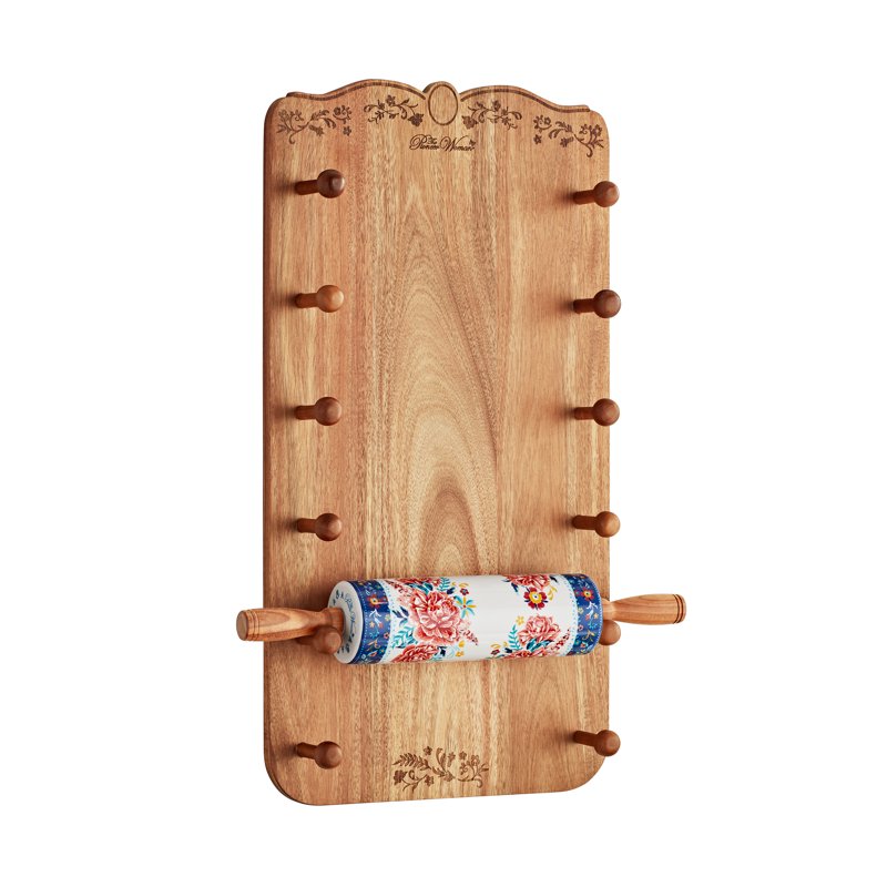 Ceramic Rolling Pin Set with Acacia Wood Holder - 17.7" Floral Design