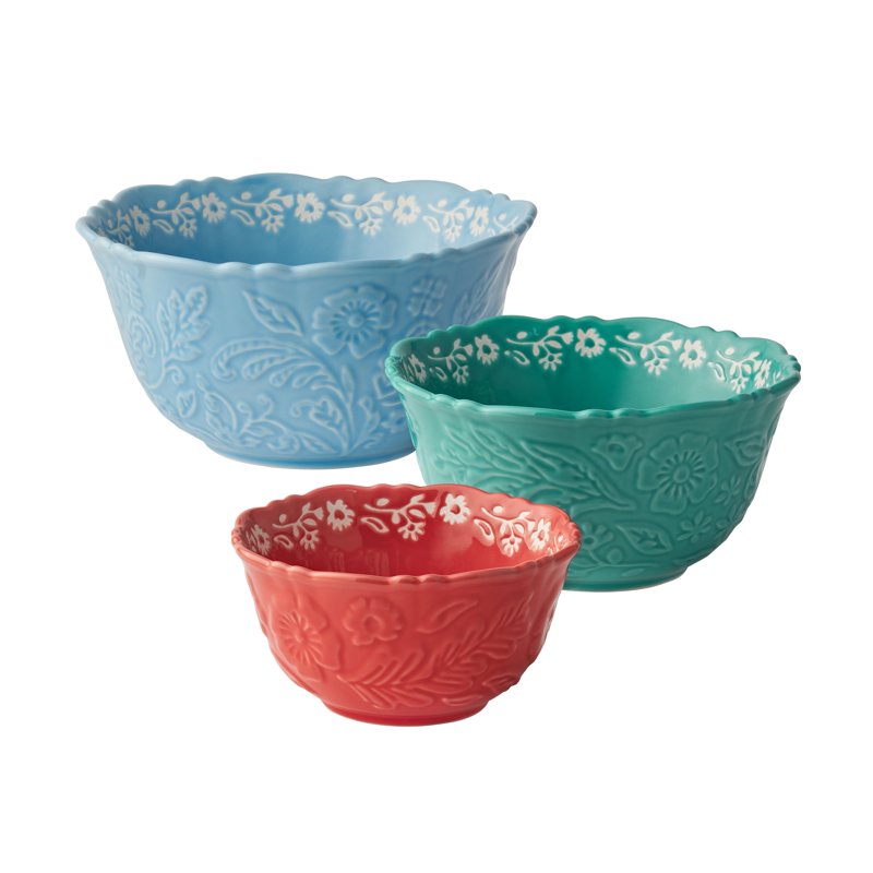3-Piece Embossed Stoneware Serve Bowl Set - Vintage Floral Design