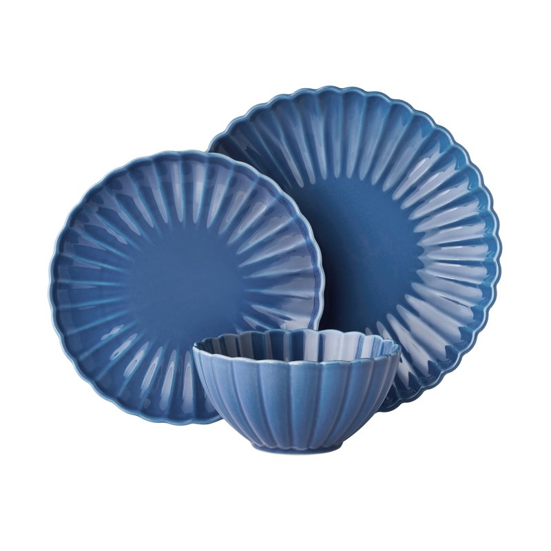 12-Piece Stoneware Dinnerware Set - Blue Scalloped Design