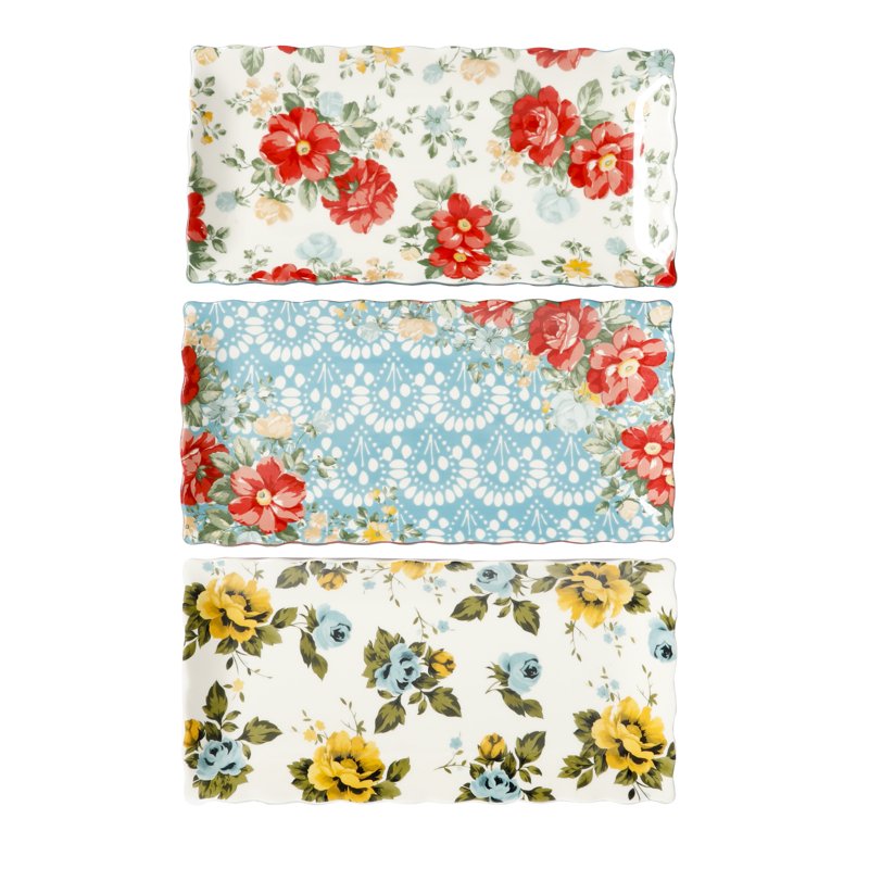 Floral Medley 3-Piece Stoneware Serving Platter Set - 12.3" x 6"