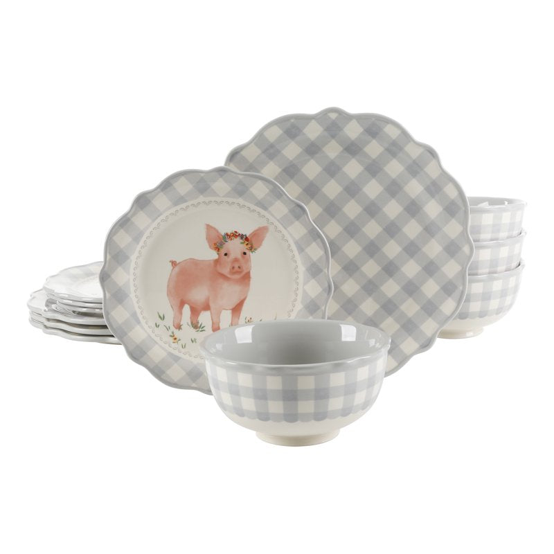 Gray Gingham 12-Piece Ceramic Dinnerware Set - Service for 4