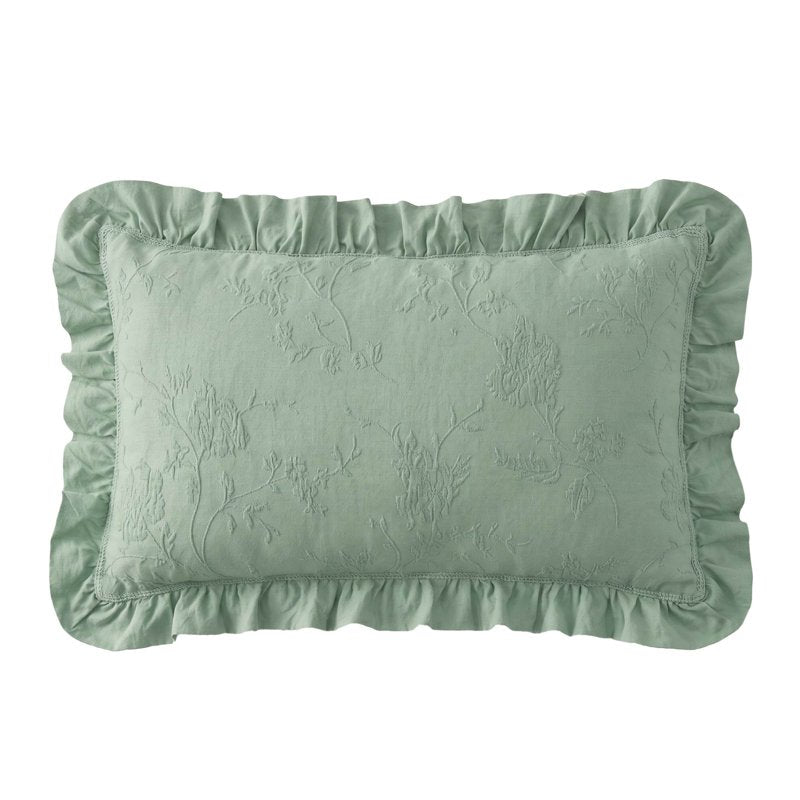 Green Decorative Lumbar Pillow - Matelassé Floral Crochet Ruffle, 14x24