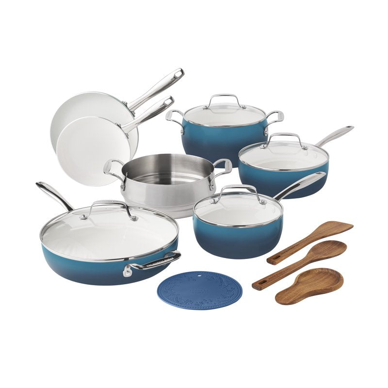 15-Piece Ceramic Nonstick Cookware Set - Denim Blue