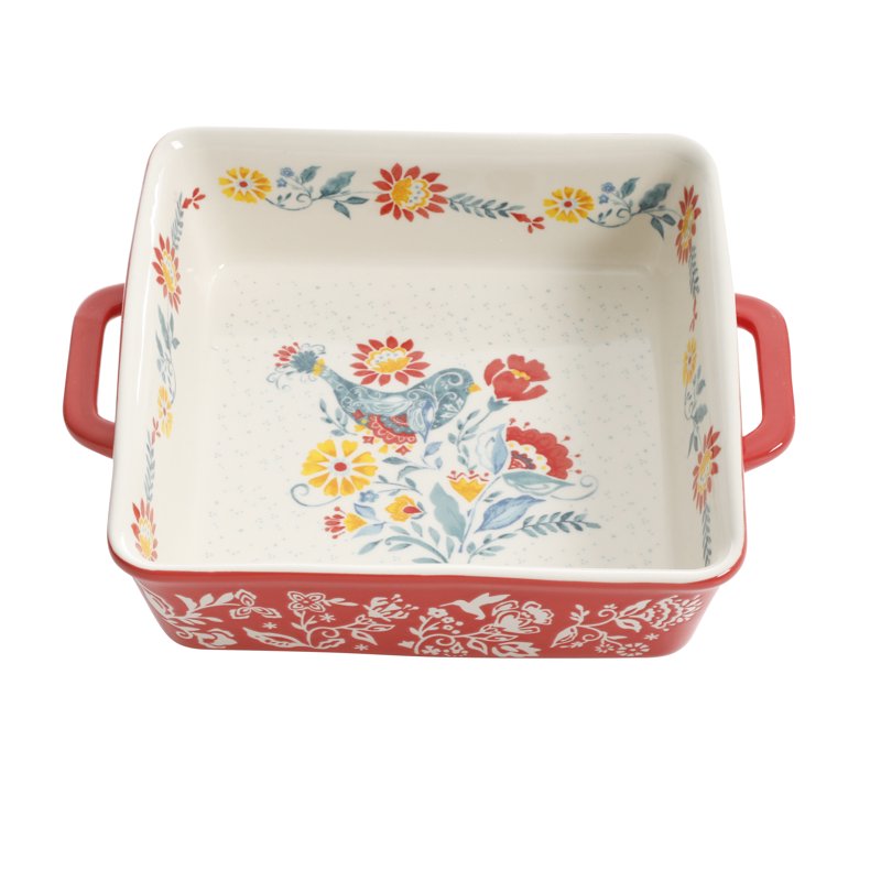 8-Inch Square Ceramic Baking Dish Set - Floral Design, Set of 2