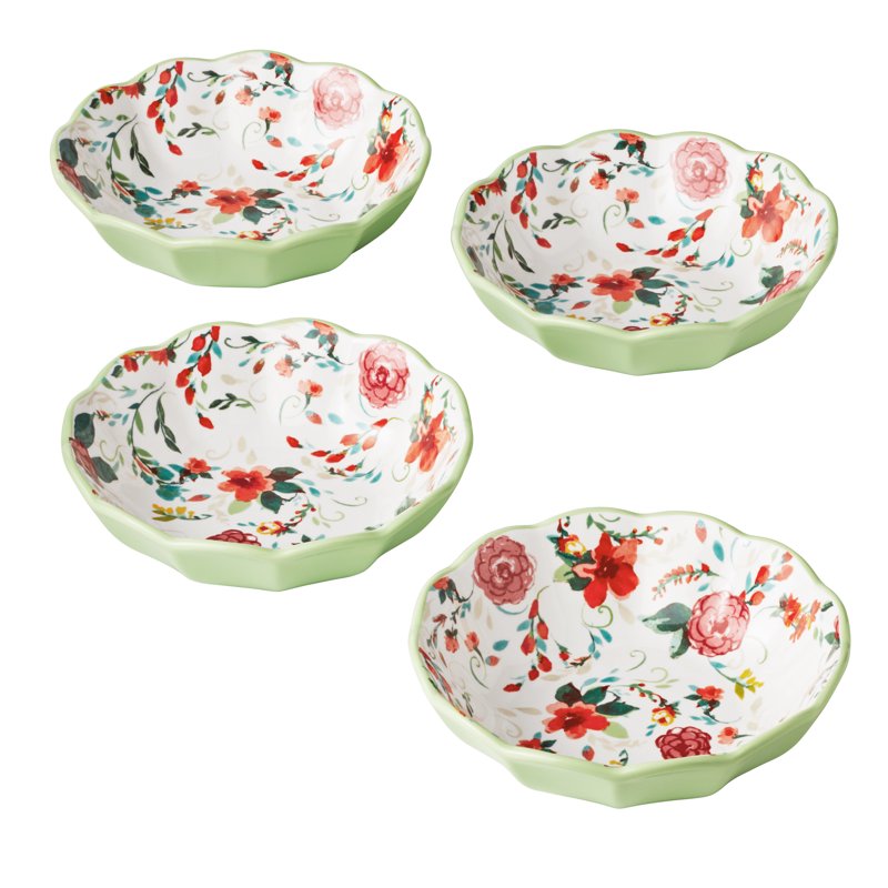 4-Piece Ceramic Pasta Bowl Set - Painted Meadow Green