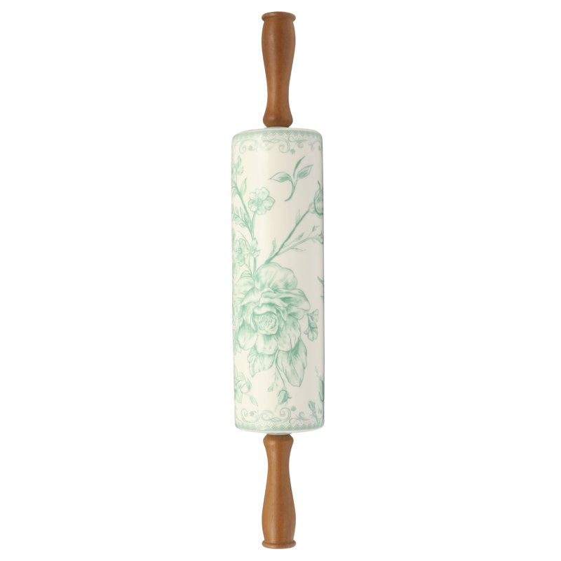Ceramic Rolling Pin with Wood Handles - Green Floral Design