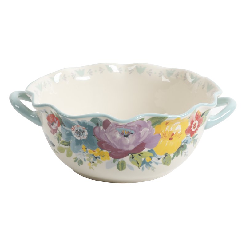 Ceramic Serving Bowl with Handles - Sweet Romance Blossom Design