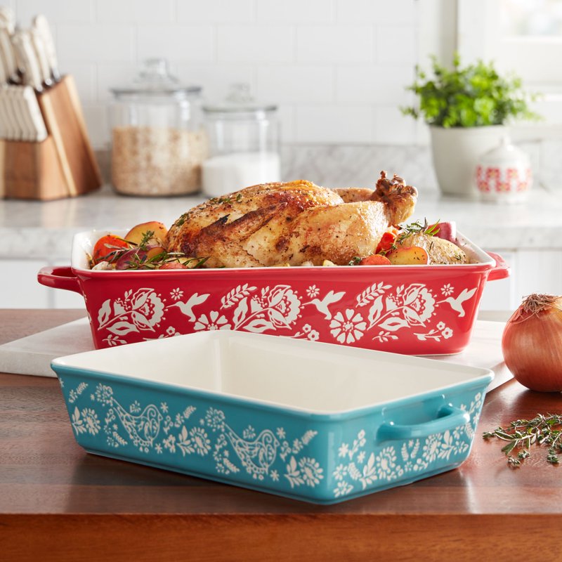 Rectangular Ceramic Baking Dish Set - Red & Teal - 2-Piece