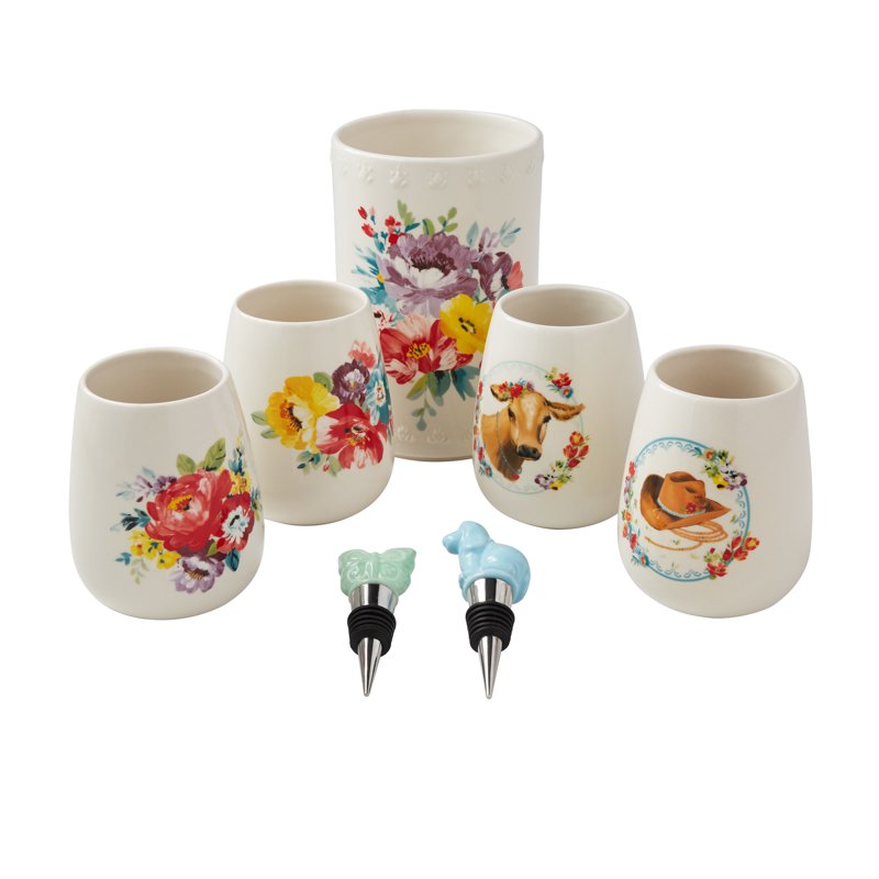 Sweet Rose 7-Piece Stoneware Wine Glass Set with Chiller