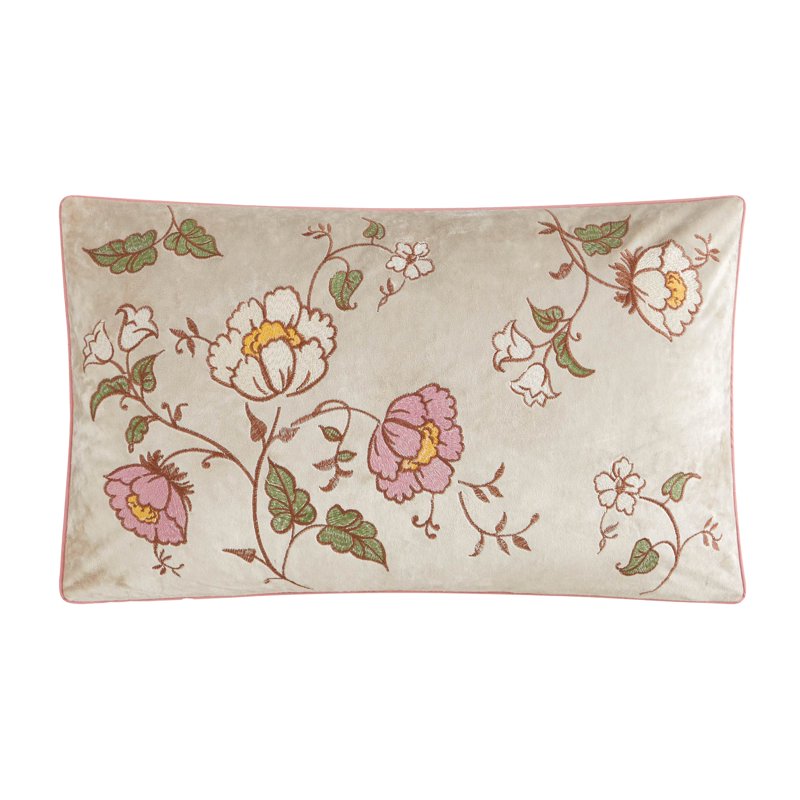 Velvet Lumbar Pillow with Embroidered Floral Design - Beige 14x24 Inches