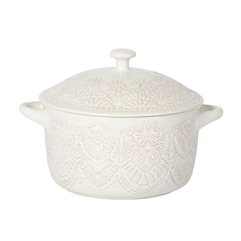 Vintage Lace Ceramic Casserole Dish with Lid - 1 Qt, Linen