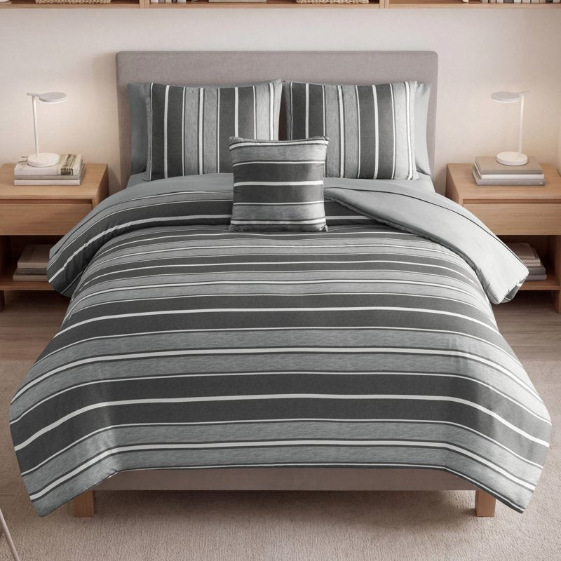King Gray Bed in a Bag - Stripe Bedding Set with Reversible Comforter