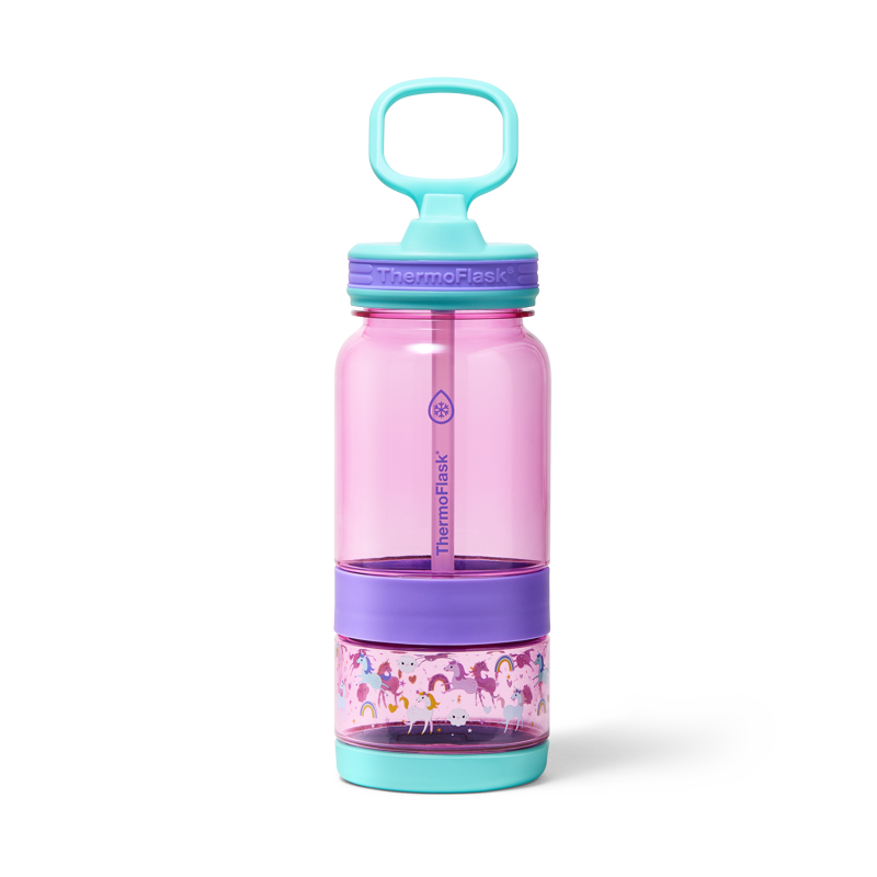 14 oz Snack and Sip Bottle with Snack Cup - Pink Unicorns