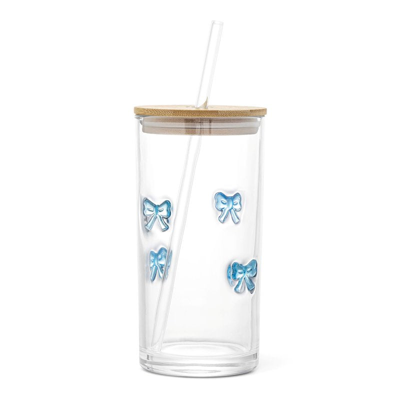 Blue Bow Charm Sipper - 17 fl oz Glass Straw & Wood Lid