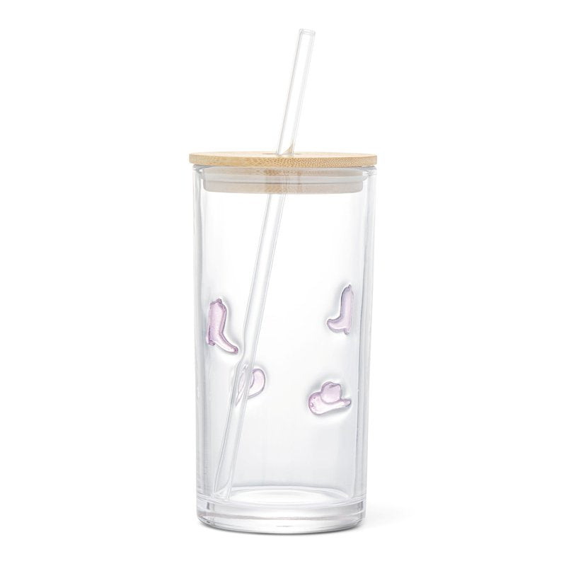 Pink Cowboy Charms Sipper with Glass Straw & Wood Lid - 17 oz