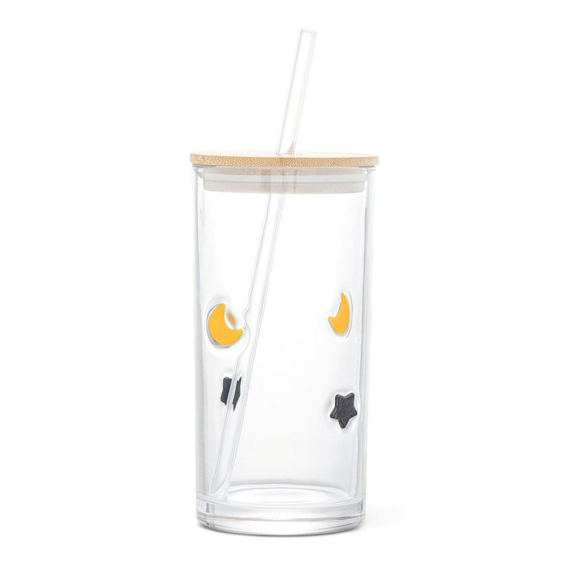 Celestial Charms Sipper - Star and Moon Design with Glass Straw & Wood Lid - 17 fl oz