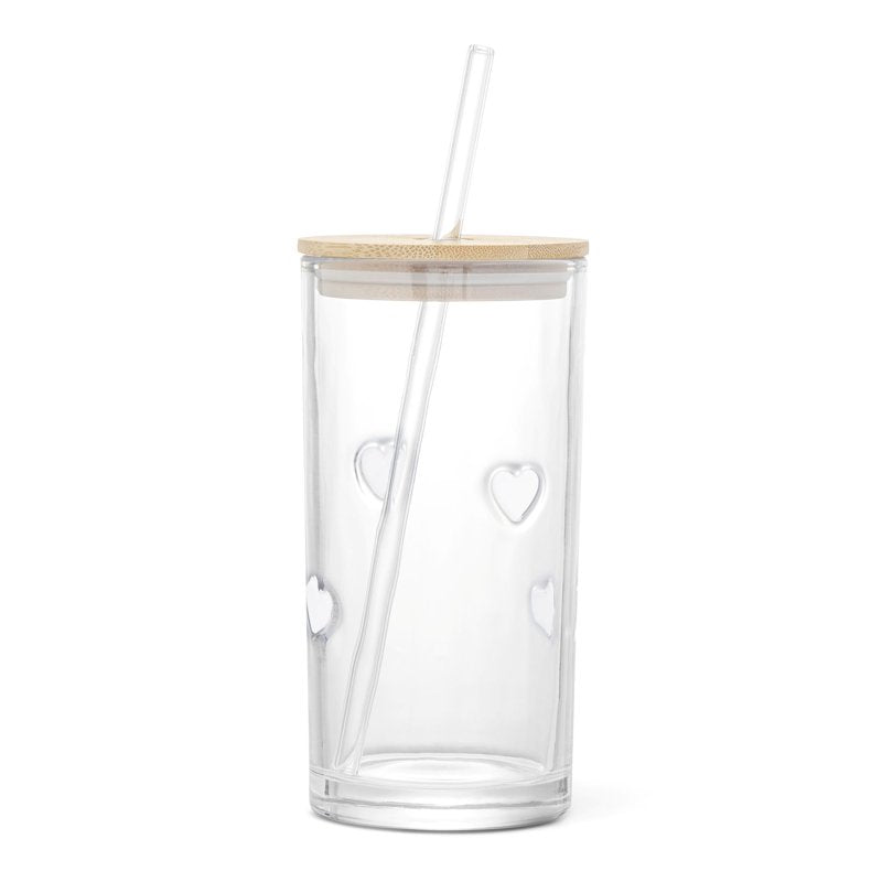 17 fl oz White Heart Charm Sipper with Glass Straw & Wood Lid