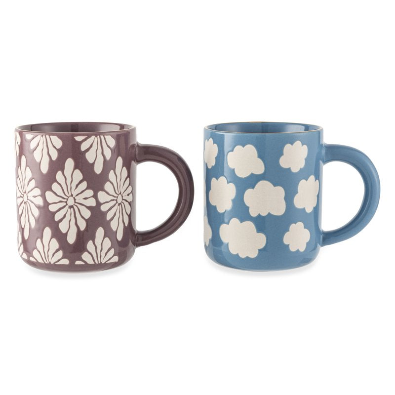 Elegant Stoneware Mugs Set - Blue Skies & Purple Flowers, 19.6 fl oz