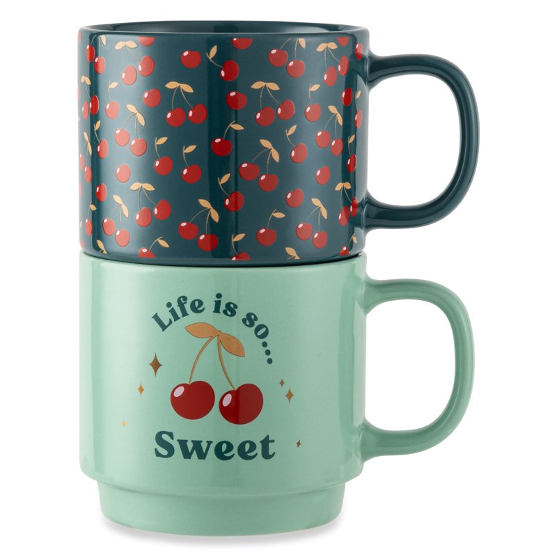 Stacking Mugs Set - Life is Sweet & Cherries - 14.2 fl oz