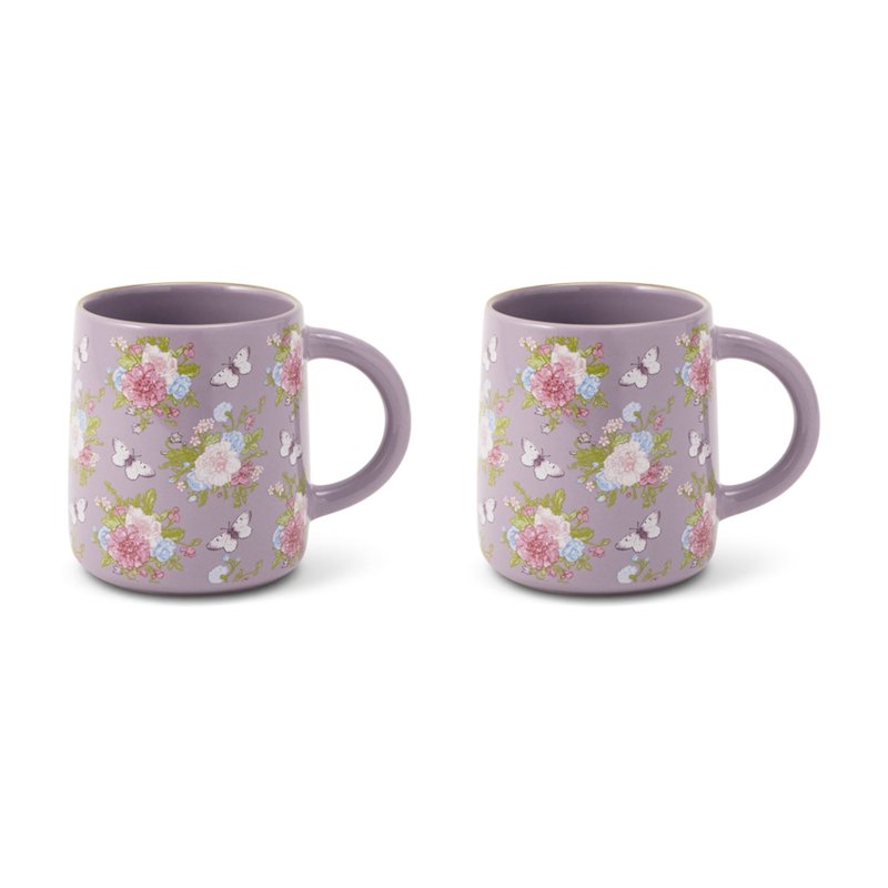 Purple Floral Stoneware Mug Set - 14.5 oz, Set of 2