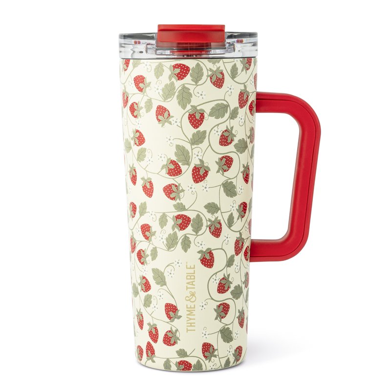 24 oz Stainless Steel Tumbler with Handle & Dual Straw Lid - Strawberries