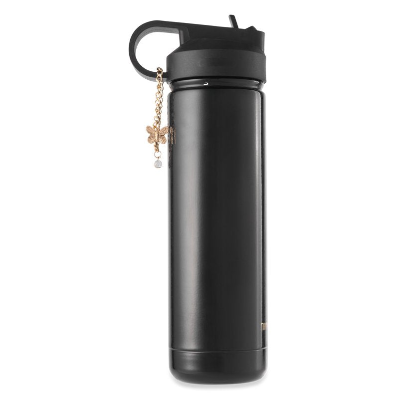 26 oz Water Bottle with Straw Lid - Black Gloss with Butterfly Charm