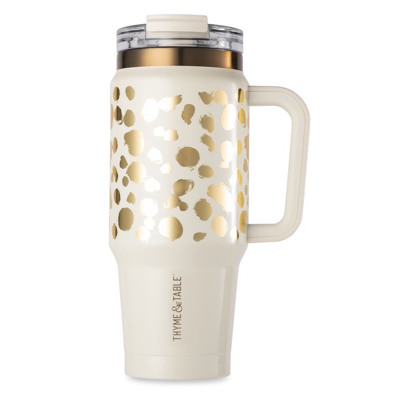 Stainless Steel 32oz Luna Tumbler with Handle & Dual Straw Lid - Cream & Gold Dots