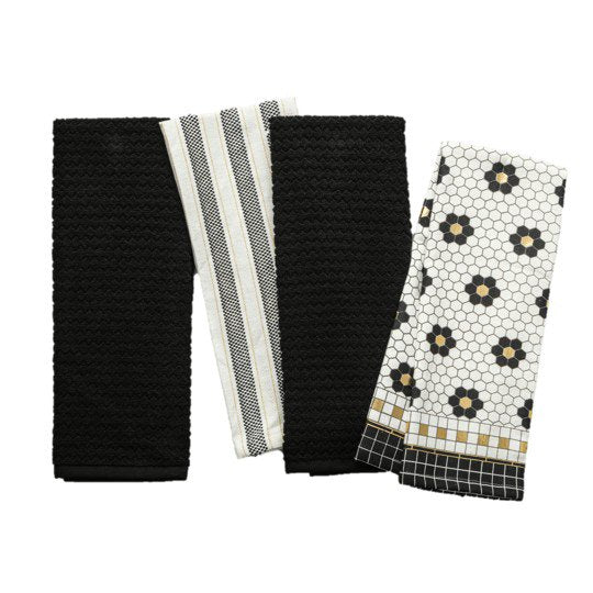 Penny Tile Kitchen Towel Set - 4-Pack Black & Gold Design