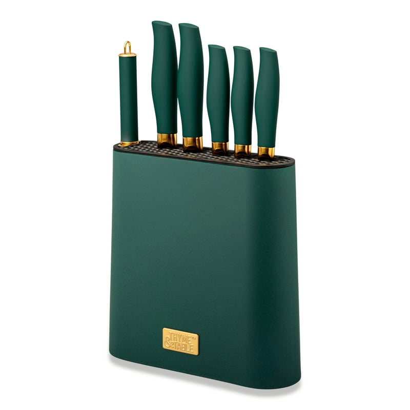 7-Piece Slim Block Knife Set - Green & Gold Blades