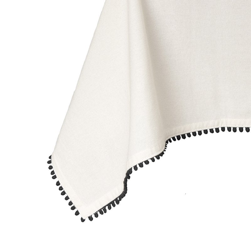 84" Ivory Tablecloth with Black Pom Pom Trim - Single