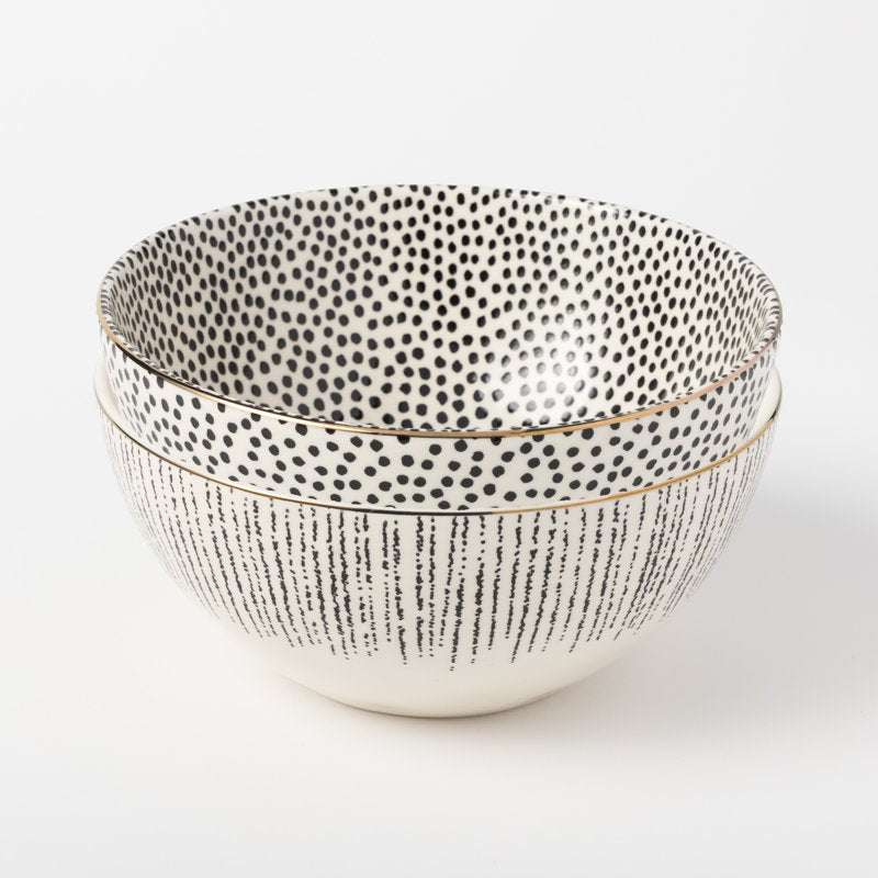 Large Stoneware Bowls Set - Assorted Dot & Stripe Designs