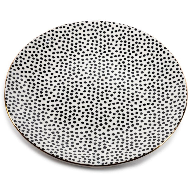 Ceramic Salad Plate - Black and White Dot Design with Gold Rim
