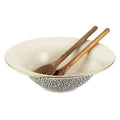 Ceramic 3-Piece Serve Bowl Set with Wooden Utensils - Black & White Dots