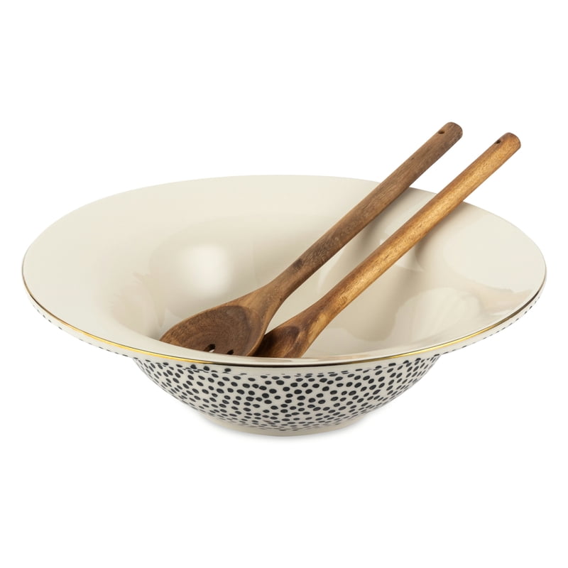 Ceramic 3-Piece Serve Bowl Set with Wooden Utensils - Black & White Dots