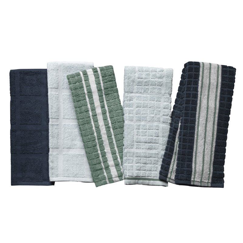 5 Pack Cotton Kitchen Towels Set - Navy, Green & White