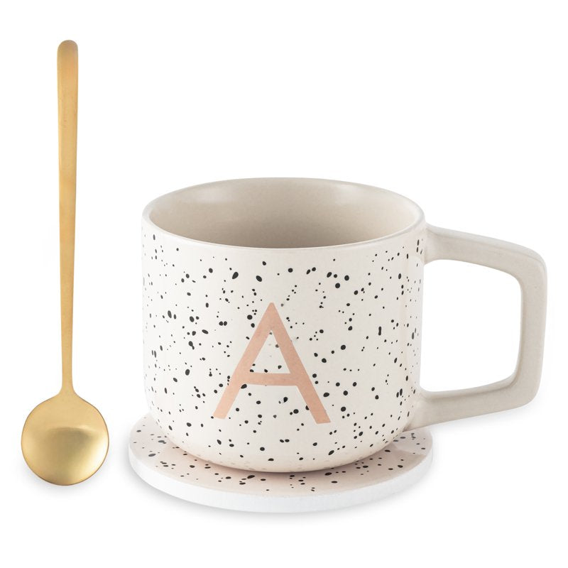 Monogram A Stoneware Coffee Mug Set with Coaster & Stir Spoon