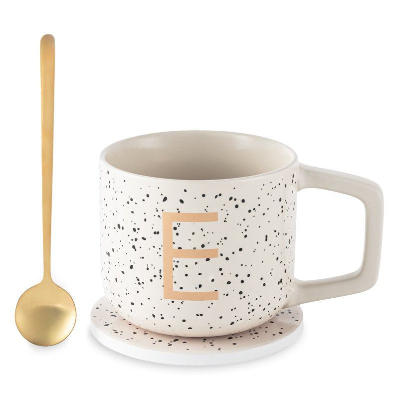 Personalized Monogram E Stoneware Mug Set with Coaster & Spoon