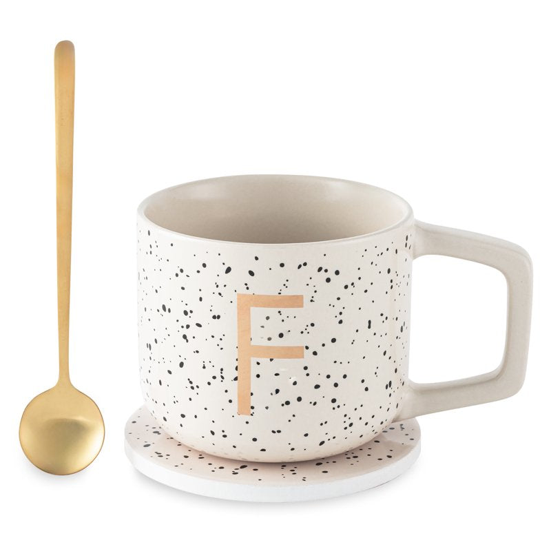 Monogram F Stoneware Coffee Mug Set with Coaster & Stir Spoon