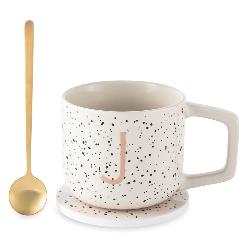 Monogram J Stoneware Coffee Mug Set with Coaster & Stir Spoon - Speckle