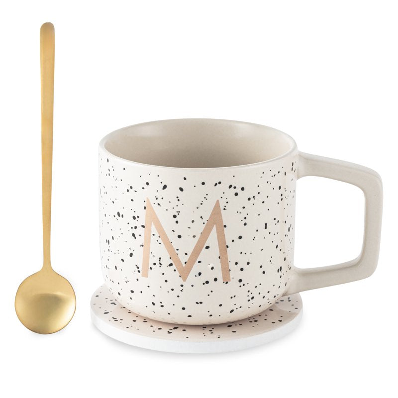 Monogram M Stoneware Mug Set with Coaster & Stir Spoon