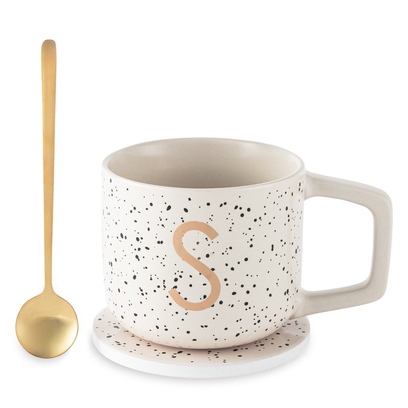 Monogram S Stoneware Coffee Mug Set with Coaster & Stir Spoon