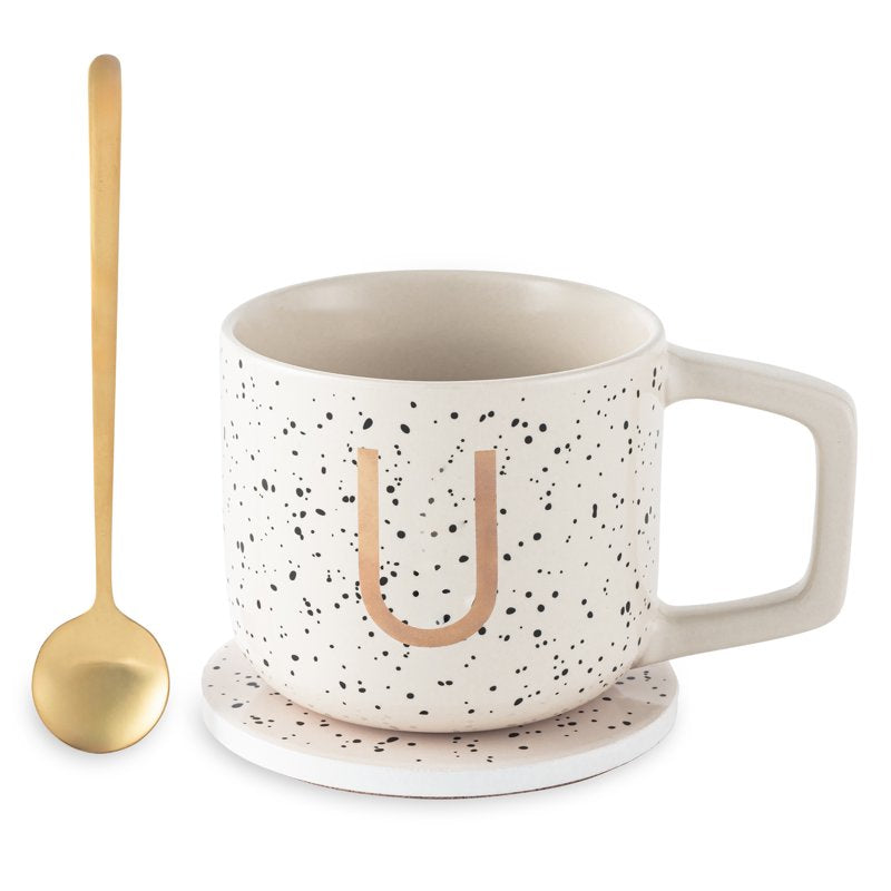 Monogram U Stoneware Coffee Mug Set with Coaster & Spoon