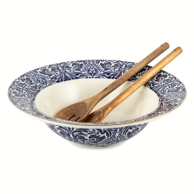 Ceramic 3-Piece Serve Bowl Set - Navy & White with Wooden Utensils