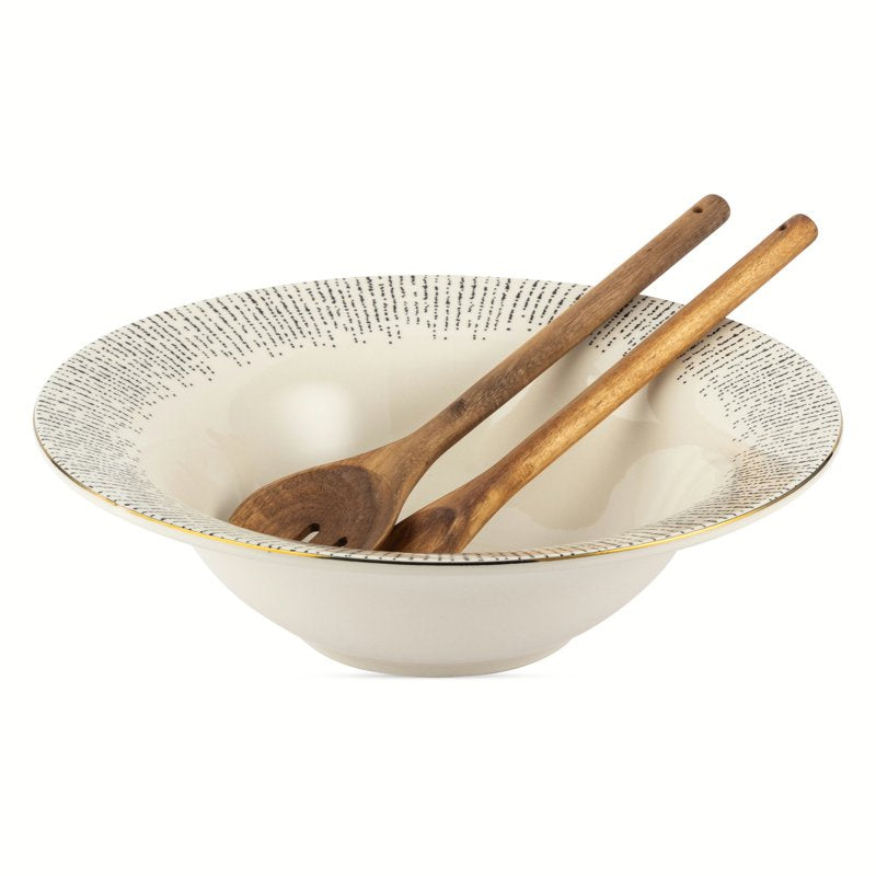 Ceramic 3-Piece Serve Bowl Set with Wooden Utensils - Black & White