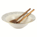 Ceramic 3-Piece Serve Bowl Set with Wooden Utensils - Black & White