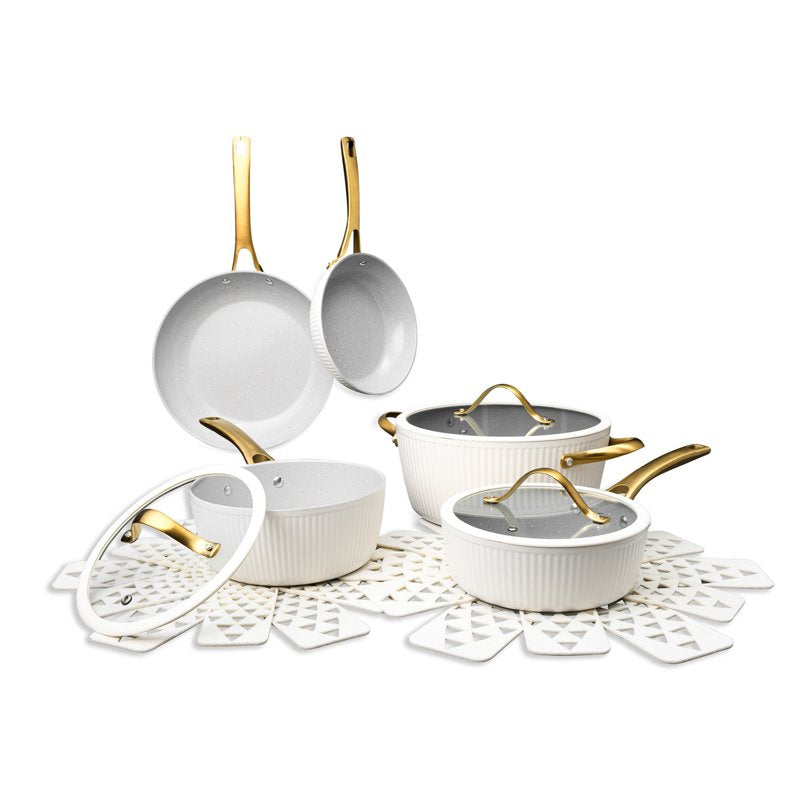 12-Piece Non-Toxic Ceramic Cookware Set - White & Gold