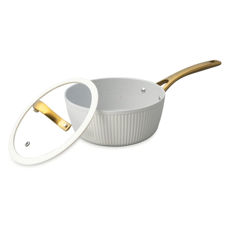 2.5 QT Non-Stick Ribbed Saucepan - White & Gold