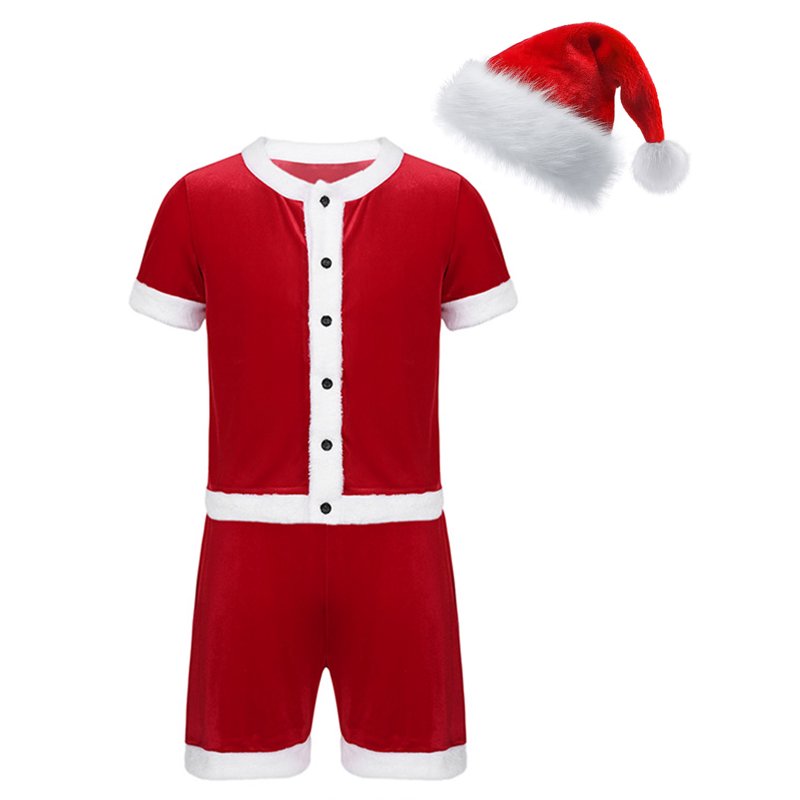 Men's Christmas Santa Claus Cosplay Bodysuit & Hat Set - Red, Large